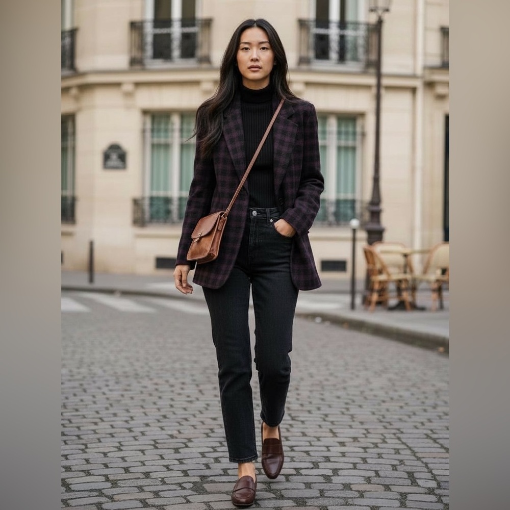 Vintage Wool and Lined Plaid Blazer with Velvet Details on Lapels and Buttons